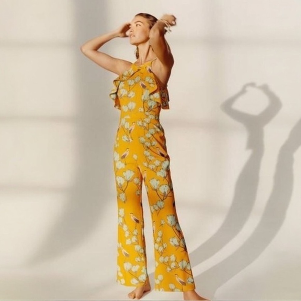 Varun Bahl by Anthropologie Warbler Ruffle deep yellow pants Jumpsuit SZ 8